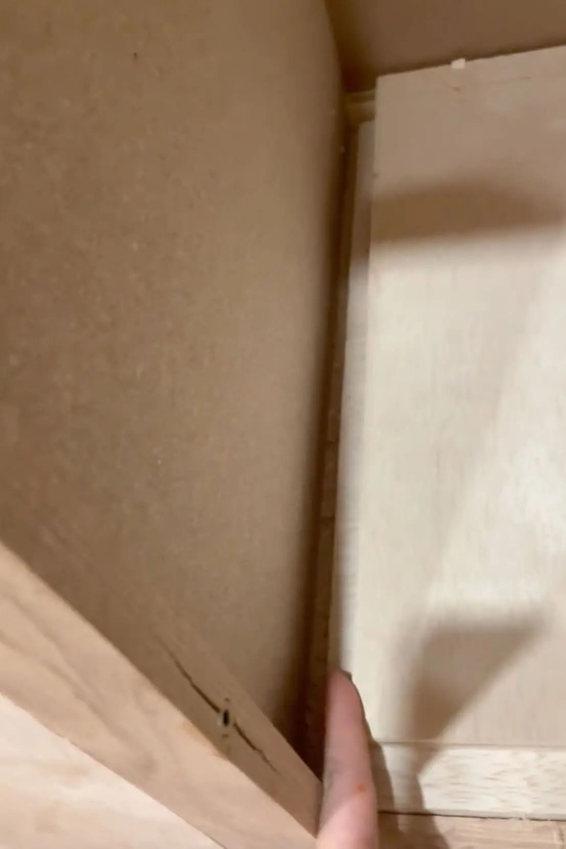 The gap between a shelf and the cabinet. 